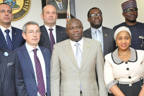 Lagos State Governor, Mr. Akinwunmi Ambode (middle), flanked by Board member, FC Barcelona of Spain, Pau Vilanova i Vila Abadal (left) and Commissioner for Sports, Pharm. (Mrs.) Uzamat Akinbile-Yusuf (right), during a courtesy visit to the Governor, at the Lagos House, Ikeja, on Monday, February 22, 2016. (L-R) Behind are General Manger, Gaton Construction Company, Carlos Gaton; Director, FC Barcelona of Spain, Oscar Grau; Commissioner for Information & Strategy, Mr. Steve Ayorinde and Permanent Secretary, Ministry of Sports, Mr. Hakeem Muri-Okunola