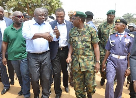 Lagos State Governor, Mr. Akinwunmi Ambode; Secretary to the State Government, Mr. Tunji Bello; Commanding Officer, 9 Mechanized Brigade, Brig. Gen. Bulama Biu and Navy Captain Chindo Yahaya, during the Governor’s Security inspection tour of Owotu, Isawo, Oke Oko and Adjourning Communities in Ikorodu West Local Council Development Area, Ikorodu, Lagos, on Tuesday, February 16, 2016