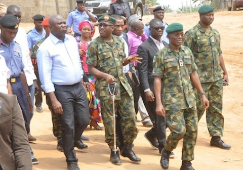 L-R: Lagos State Governor, Mr. Akinwunmi Ambode (2nd left) with Commander, NNS Beecroft, Commodore Abraham Adaji; Commanding Officer, 9 Mechanized Brigade, Brig. Gen. Bulama Biu and Commanding Officer, 174 Battalion, Operation Awaste, Lt. Colonel Julius Ogbobe, during the Governor’s Security inspection tour of Owotu, Isawo, Oke Oko and Adjourning Communities in Ikorodu West Local Council Development Area, Ikorodu, Lagos, on Tuesday, February 16, 2016