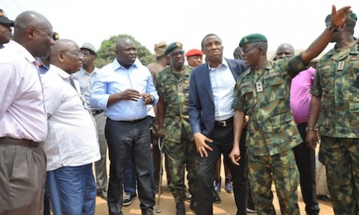 R-L: Lagos State Governor, Mr. Akinwunmi Ambode (3rd left); Commanding Officer, 174 Battalion, Operation Awaste, Lt. Colonel Julius Ogbobe; Secretary to the State Government, Mr. Tunji Bello; Commanding Officer, 9 Mechanized Brigade, Brig. Gen. Bulama Biu; Commissioner for Works & Infrastructure; Engr. Ganiyu Johnson and Commissioner for Physical Planning & Urban Development, Engr. Wasiu Anifowose, during the Governor’s Security inspection tour of Owotu, Isawo, Oke Oko and Adjourning Communities in Ikorodu West Local Council Development Area, Ikorodu, Lagos, on Tuesday, February 16, 2016