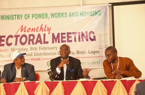  Minister of Power, Works & Housing, Mr Babatunde Fashola, SAN (middle), the Permanent Secretary, Power in the Ministry, Mr Louis Edozien(right) and Chief Executive Officer, Eko Disco, Engr. Oladele Amuda (left) during the Second Monthly Meeting of the Minister with Sectoral Participants in the Power Sector at the Alagbon Transmission and Distribution Complex, Osborne Road, Ikoyi, Lagos on Monday 8, February  2016.