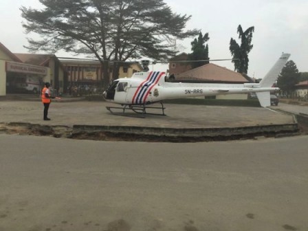 Helicopter with registration number 5N-RRS lands safely at the hospital premises during a test run