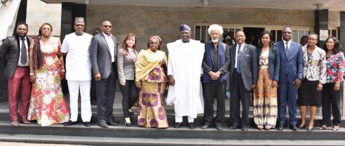 Lagos State Governor, Mr. Akinwunmi Ambode (middle); Deputy Governor, Dr. (Mrs.) Oluranti Adebule (6th left); in a group photograph with Chairman, Committee for Lagos @ 50, Prof. Wole Soyinka (6th right) and other members of the Committee, during the inauguration of Committee for Lagos @ 50, at the Banquet Hall, Lagos House, Ikeja, on Wednesday, February 10, 2016. 