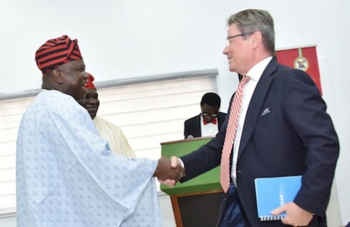 Lagos State Governor, Mr. Akinwunmi Ambode (left), with  Lead Consultant, Investment Promotion and Competitiveness, Mr. Andrew Thorburn (right), during the 5th Lagos Corporate Business “A+ Meets Business” at the Banquet Hall, Lagos House, Ikeja, on Thursday, February 18, 2016