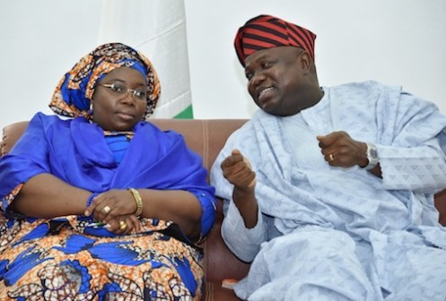 Lagos State Governor, Mr. Akinwunmi Ambode (right), discussing with his Deputy, Dr. (Mrs.) Oluranti Adebule (left), during the 5th Lagos Corporate Business “A+ Meets Business” at the Banquet Hall, Lagos House, Ikeja, on Thursday, February 18, 2016