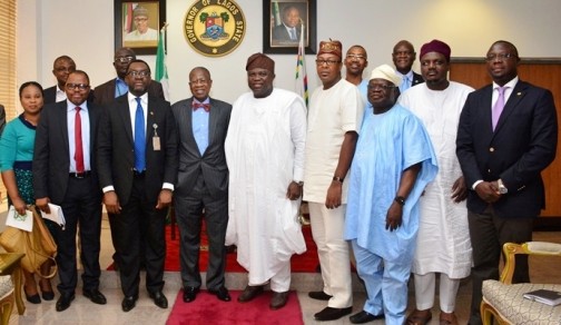  Lagos State Governor, Mr. Akinwunmi Ambode (middle); Special Adviser to the Governor, Office of Overseas Affairs & Investment (Lagos Global), Prof. Ademola Abass; Commissioner for Home Affairs, Dr. Abdul-Hakeem Abdul-Lateef; Chief of Staff to the Governor, Mr. Olukunle Ojo; Commissioner for Tourism, Arts & Culture, Mr. Folarin Coker; Minister of Information, Culture & Tourism, Alhaji Lai Mohammed; Commissioner for Information & Strategy, Mr. Steve Ayorinde and others, during a courtesy visit to the Governor by the Minister of Information, at the Lagos House, Ikeja, on Thursday, February 25, 2016.  
