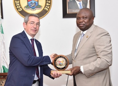 Lagos State Governor, Mr. Akinwunmi Ambode (right), presenting a State plaque to the Board member of FC Barcelona of Spain, Pau Vilanova i Vila Abadal, during a courtesy visit to the Governor, at the Lagos House, Ikeja, on Monday, February 22, 2016