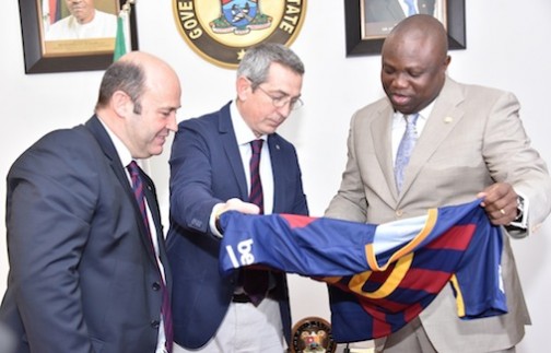 R-L: Lagos State Governor, Mr. Akinwunmi Ambode; Board member, FC Barcelona of Spain, Pau Vilanova i Vila Abadal and Director, FC Barcelona Academy, Oscar Grau, during a courtesy visit to the Governor, at the Lagos House, Ikeja, on Monday, February 22, 2016