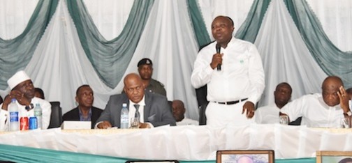 L-R: Lagos State Governor, Mr. Akinwunmi Ambode (2nd right), making his remark during one of the programmes lined up for the 50th Anniversary of Federal Government College (FGC), Warri in Delta State, on Saturday, February 27, 2016. With him are Deputy Governor, Kaduna State & Alumni of the School, Arch. Barnabas Bala; Deputy Director, Federal Ministry of Education/Principal of Federal Government College, Warri, Mr. Abiodun Fabiyi and National President, Federal Government College, Warri, Mr. Chyna Iwuanyawu