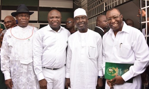 L-R: Lagos State Governor, Mr. Akinwunmi Ambode (2nd left), with Professor Godini Darah; Deputy Governor, Kaduna State & Alumni of the School, Arch. Barnabas Bala and a guest during one of the programmes lined up for the 50th Anniversary of Federal Government College (FGC), Warri in Delta State, on Saturday, February 27, 2016