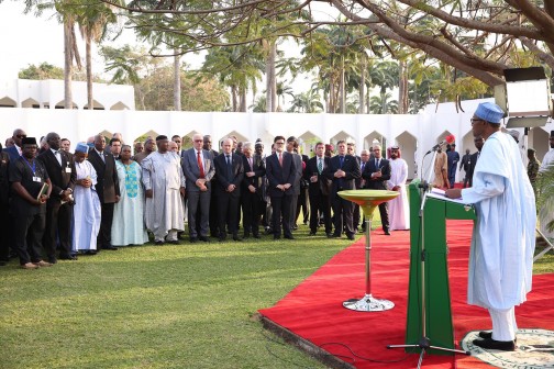 PRESIDENT BUHARI HOST DIPLOMATIC CORPS.  President Muhammadu Buhari addressing a cross-section of Diplomatic Community during a reception at the state House in Abuja. PHOTO; SUNDAY AGHAEZE/STATE. FEB 18 2016.