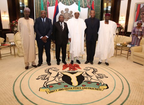   R-L: Chief of Staff, Malam Abba Kyari, Minister of Foreign Affairs, Mr. Geoffrey Onyema, President Muhammadu Buhari, Special Envoy of the President of Equatorial Guinea, M. Juan A. B. Nchuchuma, Equatorial Guinea Ambaasador to Nigeria, Mr Job Obiang Esono Mbengono and National Security Adviser to the President Brig Gen Babagana Monguno (retd) during a courtesy visit by the Special Envoy to the Presidential Villa Abuja. PHOTO; SUNDAY AGHAEZE/STATE HOUSE. FEB 12 2016