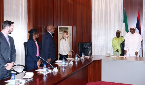 PRESIDENT BUHARI RECEIVES USIP TEAM   President Muhammadu Buhari (m) meeting with the team of President United States Institute of Peace (USIP), led by Ms Nancy Lindborg, Senior Advisor Economic Office, United States Institute of Peace (USIP), Mr Johnnie Carson, Program Officer, Africa,Center for Middle East and Africa, United States Institute of Peace (USIP), Ms Oge Onubogu, Special Assistant to the President Executive Office, Mr Nick Rogacki during an audience with USIP  at the State House in Abuja. PHOTO; SUNDAY AGHAEZE/STATE HOUSE. FEB 15 2016.