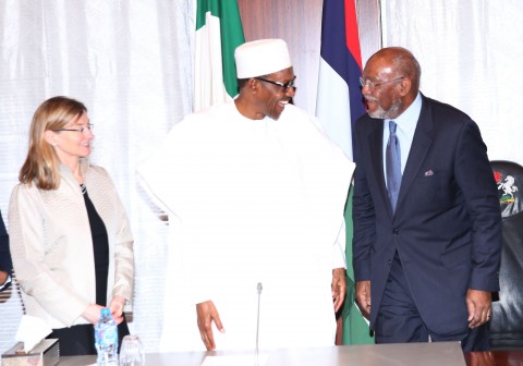 PRESIDENT BUHARI RECEIVES USIP TEAM. L-R; President United States Institute of Peace (USIP), Ms Nancy Lindborg, President Muhammadu Buhari and Senior Advisor Economic Office, United States Institute of Peace (USIP), Mr Johnnie Carson exchange greetings during an audience with USIP at the State House in Abuja. PHOTO; SUNDAY AGHAEZE/STATE HOUSE. FEB 15 2016.