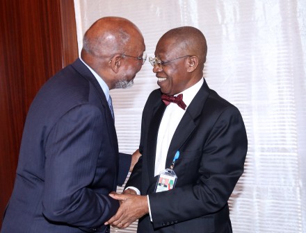  L-R;  Senior Advisor Economic Office, United States Institute of Peace (USIP), Mr Johnnie Carson, exchange greetings with Minister of Information, Alhaji Lai Mohammed during an audience with USIP and the President at the State House in Abuja. PHOTO; SUNDAY AGHAEZE/STATE HOUSE. FEB 15 2016.
