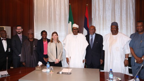 PRESIDENT BUHARI RECEIVES USIP TEAM. R-L; Minister of Foreign Affairs, Mr Geoffrey Onyema, Minister of Interior, Lt Gen Abdulrahman Dambazzau, Senior Advisor Economic Office, United States Institute of Peace (USIP), Mr Joohnnie Carson, President Muhammadu Buhari, President United States Institute of Peace (USIP), Ms Nancy Lindborg, Program Officer, Africa,Center for Middle East and Africa, United States Institute of Peace (USIP), Ms Oge Onubogu, Minister of Defence, Brig GEN Mansur Mohammed Dan-Ali, Special Assistant to the President Executive Office, Mr Nick Rogacki during an audience with the President at the State House in Abuja. PHOTO; SUNDAY AGHAEZE/STATE HOUSE. FEB 15, 2016