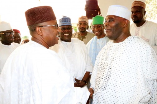 Governor of Adamawa State, Umar Jibirilla Bindow welcoming former Vice President Atiku Abubakar on his arrival in Yola for a two-day day visit to Adamawa on Friday, 26 Feb.,2016.