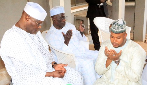 Former Vice President Atiku Abubakar during a condolence visit to the family of Alhaji Baba Ali Yaro who died recently (Middle is the elder brother of the deceased, and his son Abdulkadir Ali Yaro) in Yola, Adamawa State on Friday, 26 Feb., 2016