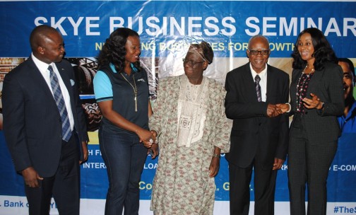 Regional Manager, Kwara & Oyo North, Skye Bank Plc., Bimbo Akorede, Head, Small Business, Skye Bank Plc., Ayodele Olojede, Guest Speaker, Managing Director, Padson Industries, Ilorin; Hezekiah Oladipo Adediji, Deputy Director, Regional Head, Taxpayer Services, FIRS; Mr. Oluwafemi Ayara and Group Head, Retail Banking , Skye Bank Plc., Nkolika Okoli at the monthly Skye Business Seminar held in Ilorin, 25th February, 2016.