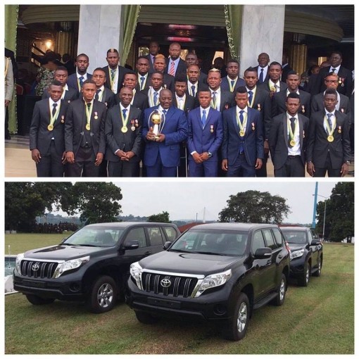 Joseph Kabila with victorious DR Congo players and the SUVs he gave them