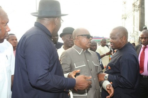 Rivers State Governor, Nyesom Ezenwo Wike , acting National Chairman of PDP, Prince Uche Secondus and Bayelsa State Governor, Rt. Hon. Seriake Dickson at the Thanksgiving Service  to mark the governor's Supreme Court victory on Sunday at Saint Peter's Anglican Church, Rumuipirikom, Port Harcourt