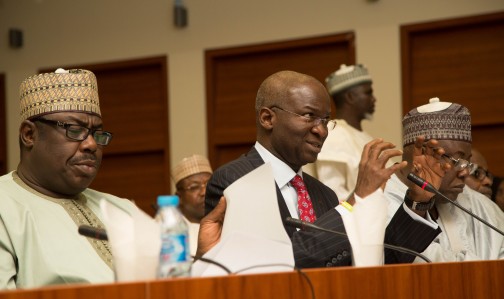 Minister of Power, Works & Housing, Mr Babatunde Fashola, SAN (middle), the Minister of State in the Ministry, Hon. Mustapha Baba Shehuri (left), the Permanent Secretary, Works & Housing, Engineer Abubakar Magaji, ( right) , during a Session of the Year 2016 Budget Defence hosted by the House of Representatives Joint Committees on Power, Works & Housing in Room 028, at the House of Representatives ,Abuja on Tuesday , 9th February 2016.