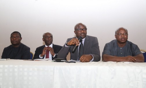 Commissioner for Information, Mr. Patrick Ukah (2nd left); Commissioner for Basic and Secondary Education, Mr. Chiadu Ebie (2nd left); Commissioner for Works, Chief James Augoye (left) and the Commissioner for Housing, Arch. Joseph Ogeh, during an Inter Exco Briefing, in Asaba.