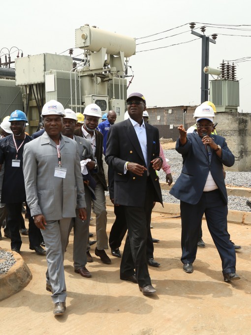 Hon. Minister of Power, Works & Housing, Mr Babatunde Fashola, SAN (middle),  Chief Executive Officer, Eko Disco, Engr. Oladele Amuda (right) and Managing Director of Niger Delta Power Holding Company (NDPHC/NIPP) (left) being conducted round the Transmission and Distribution facilities at the Alagbon Transmission and Distribution Complex during the Second Monthly Meeting of the Minister with Sectoral Participants in the Power Sector at the Alagbon Transmission and Distribution Complex, Osborne Road, Ikoyi, Lagos on Monday 8, February  2016.