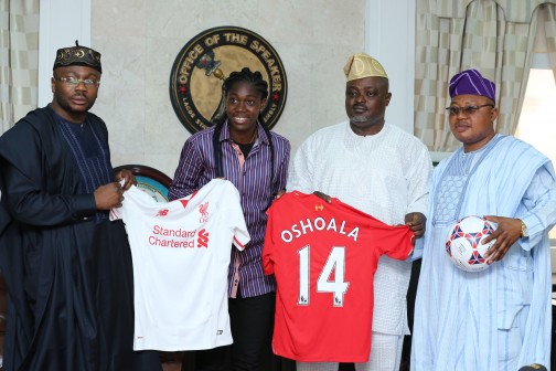 L-R: Member, Lagos State House of Assembly, Hon. Richard Adedamola Kasumu; Super Falcons and Liverpool Ladies star, Azeezat Oshoala; Speaker, Lagos State House of Assembly, Rt. Hon. Mudashiru Obasa; and another member of the House, Honourable Nurudeen Sholaja during Oshoala's visit to the Speaker on Tuesday in his office. 