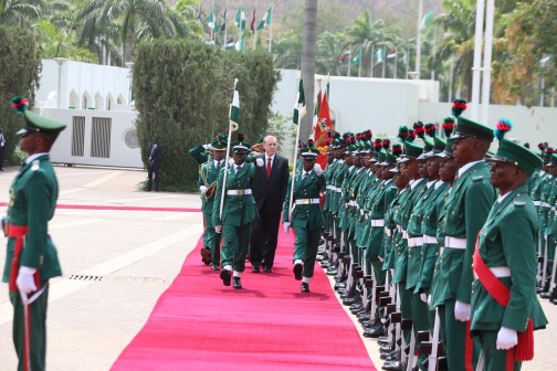 Turkish President Tayyip Erdogan inspecting a guard of honour during his visit to President Muhammadu Buhari at the State House on Wed. 2 March, 2016