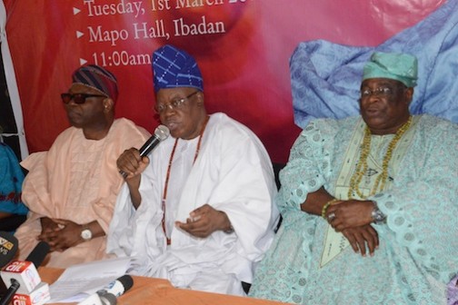 Dr. Lekan Balogun (M) addressing the media on preparation for the coronation of Olubadan