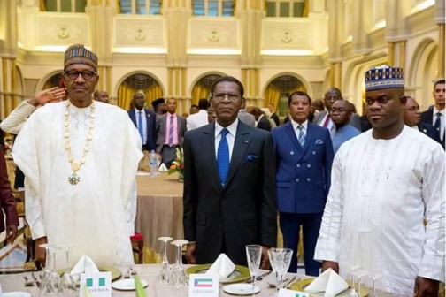 L-R: President Muhammadu Buhari of Nigeria; President Obiang Nguema Mbasogo of Equatorial Guinea and Governor Bello Yahaya of Kogi State