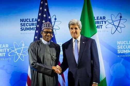 L-R: President Muhammadu Buhari shake hands with John Kerry during their meeting in Washington DC