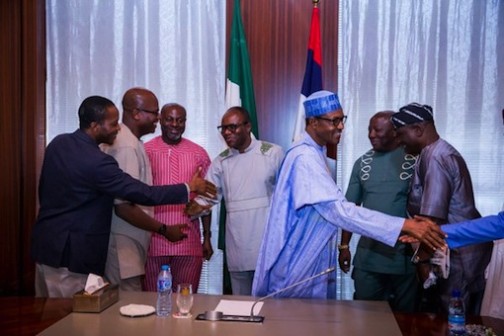 Buhari with the PENGASSAN and NUPENG leaders in Abuja