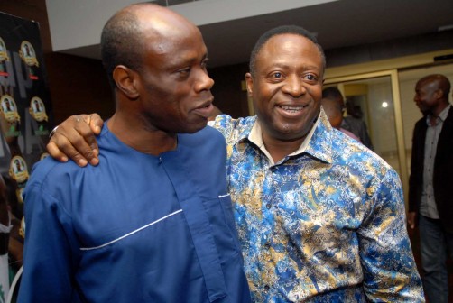 Taribo West (l) and Shuaibu Amodu at Joseph Yobo Centennary Game launch