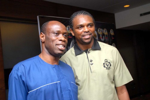 L-R: Taribo West and Nwankwo Kanu at Joseph Yobo Centennary Game launch