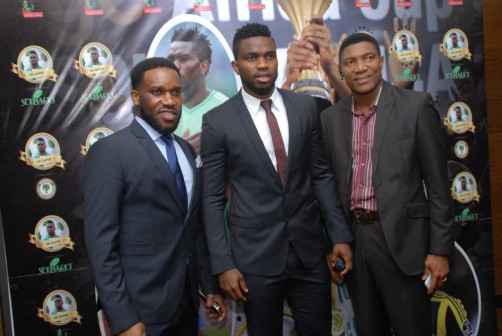 L-R: Jay Jay Okocha, Joseph Yobo and Peter Rufai at Joseph Yobo Centennary Game launch