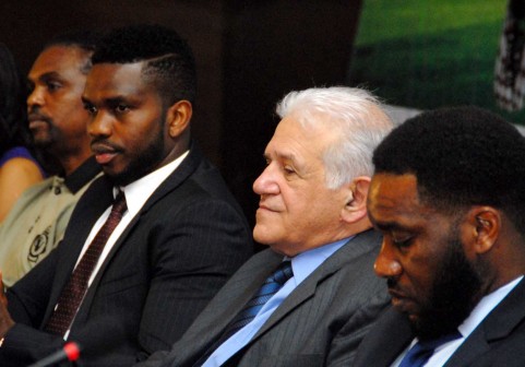 L-R: Nwankwo Kanu, Joseph Yobo, a guest and Jay Jay Okocha  at Joseph Yobo Centennary Game launch