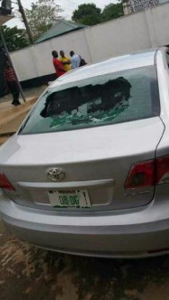 Vandalised car of Hon.Olayiwola Ojodu at the NLC secretariat Monday morning. Photo: Abiodun Onafuye, Abeokuta
