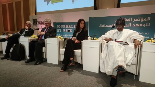 Minister of Information, Culture and Tourism, Alhaji Lai Mohammed and other panelists in Doha on Sunday when he featured as a panelist at the ongoing 2016 Annual Congress of the International Press Institute (IPI) in the Qatari capital.