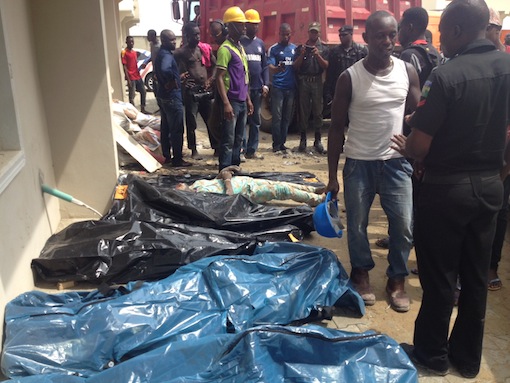 The dead persons put in body bags at the scene of the incident Lekki building