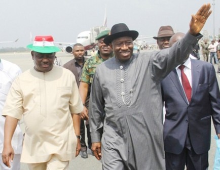 FILE PHOTO: Goodluck Jonathan (R) accompanied by Governor Nyesom Wike