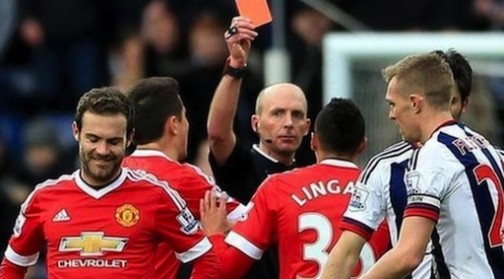 Juan Mata was shown his first Premier League red card after 26 minutes at The Hawthorns