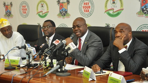 R-L: Commissioner for Finance, Dr. Mustapha Akinkunmi; Chairman, Lagos Internal Revenue Service (LIRS), Mr. Olufolarin Ogunsanwo; Commissioner for Information & Strategy, Mr. Steve Ayorinde and Chairman, Lagos House Committee on Finance, Hon. Yinka Ogundimu during a Press Conference on Tax Reforms in the State by LIRS at the Bagauda Kaltho Press Centre, the Secretariat, Alausa, Ikeja, on Tuesday, March 08, 2016
