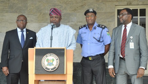 Lagos State Governor, Mr. Akinwunmi Ambode (2nd left), addressing the media on the Mile 12 clash, at the Lagos House, Ikeja, on Thursday, March 03, 2016. (L-R) With him are Attorney General & Commissioner for Justice, Mr. Adeniji Kazeem; Commissioner of Police, Mr. Fatai Owoseni and Commissioner for Information & Strategy, Mr. Steve Ayorinde