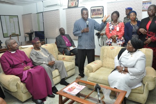 R-L:  Lagos State Deputy Governor, Dr. (Mrs.) Oluranti Adebule; being briefed by the Principal, Babington Macaulay Junior Seminary School,Ven. Olaoluwa Adeyemi, on the three female students abducted at the School by a gang of armed men at Agunfoye Lugbusi Village, Adamo, Ikorodu, on Wednesday, March 02, 2016.  With them are Member, Board of Governor, Babington Macaulay Junior Seminary School, Justice Honponu Wusu (2nd left) and Proprietor & Bishop of Remo Dioceses, Bishop Michael Fape (left), Permanent Secretary, Ministry of Education, Mrs. Elizabeth Ariyo (right, behind) and Tutor General & Permanent Secretary, Education District II, Mrs. Titilayo Solarin (3rd right, behind). 