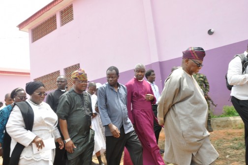 L -R: Lagos State Deputy Governor, Dr. (Mrs.) Oluranti Adebule; Majority Leader, Lagos House of Assembly, Hon. Sanai Agunbiade; Principal, Babington Macaulay Junior Seminary School,Ven. Olaoluwa Adeyemi; Proprietor & Bishop of Remo Dioceses, Bishop Michael Fape and member, Board of Governor, Babington Macaulay Junior Seminary School, Justice Honponu  Wusu, during a visit to the School where three female students were abducted by a gang of armed men at Agunfoye Lugbusi Village, Adamo, Ikorodu, on Wednesday, March 02, 2016. 