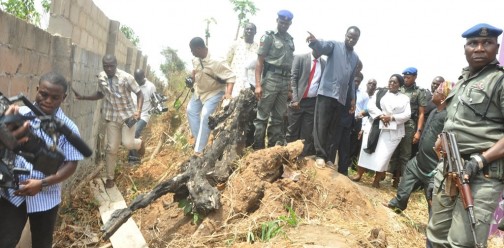  Lagos State Deputy Governor, Dr. (Mrs.) Oluranti Adebule (middle); Majority Leader, Lagos House of Assembly, Hon. Sanai Agunbiade (right); being shown the point of escape of the gang of armed men who abducted three female students of Babington Macaulay Junior Seminary School by the Principal, Ven. Olaoluwa Adeyemi, during a visit to the school at Agunfoye Lugbusi Village, Adamo, Ikorodu, on Wednesday, March 02, 2016. 
