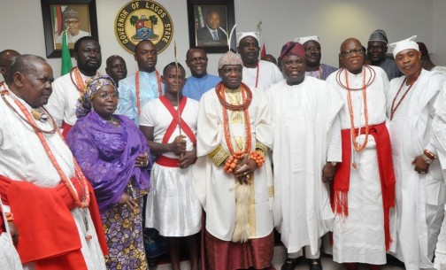 Lagos State Governor, Mr. Akinwunmi Ambode (3rd right), Deputy Governor, Dr. (Mrs.) Oluranti Adebule (2nd left), in a group photograph with Olu of Warri, King Godfrey Ikenwoli Emiko, Ogiame Ikenwoli I (middle), members of his Advisory Council and some Lagos White Cap Chiefs during the Olu of Warri’s courtesy visit to the Governor, at the Lagos House, Ikeja on Monday, March 14, 2016.