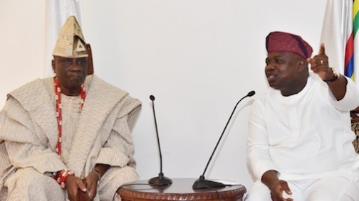 Lagos State Governor, Mr. Akinwunmi Ambode (right), making his remarks when the Oba of Lagos & Chairman, Council of Obas & Chiefs, Oba Rilwan Akiolu I, paid him a courtesy visit, at the Lagos House, Ikeja on Thursday, March 10, 2016
